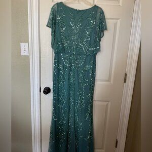 Adrianna Papell Green Sequin Flutter Sleeve Maxi Dress